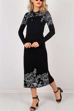 Çiçek Desenli Siyah Bayan Elbise 5901B
