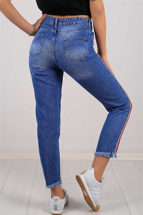 Çizgi Desen Mom Bayan Kot Pantolon 6488B