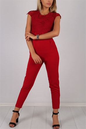 Dantel Detaylı Bordo Bayan Tulum 5565B