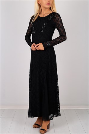Halka Detay Siyah Dantel Elbisei 5090B