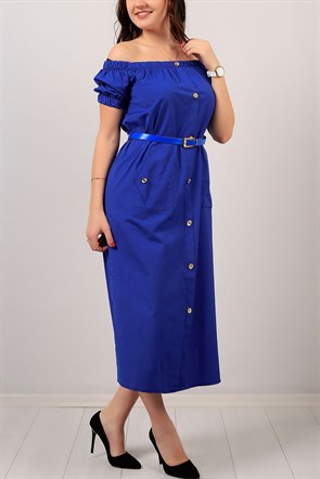 Kayık Yaka Düğme Detay Mavi Bayan Elbise 7466B