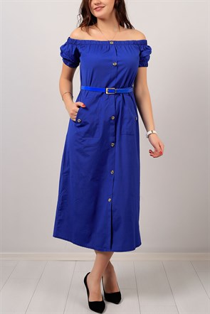 Kayık Yaka Düğme Detay Mavi Bayan Elbise 7466B