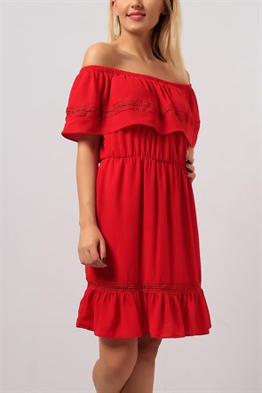 Kayık Yaka Kırmızı Bayan Elbise 8116B