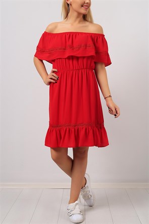 Kayık Yaka Kırmızı Bayan Elbise 8116B