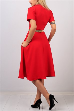 Kemer Detaylı Kırmızı Bayan Elbise 7703B