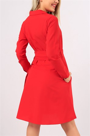 Kemerli Bayan Kırmızı Elbise 6813B