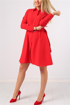 Kemerli Bayan Kırmızı Elbise 6813B