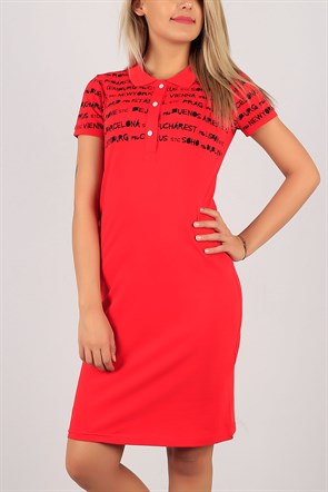 Kırmızı Yazı Desenli Bayan  Elbise 6143B