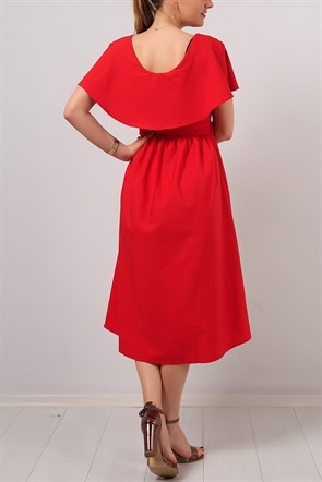 Kruvaze Etek Kırmızı Bayan Elbise 7863B