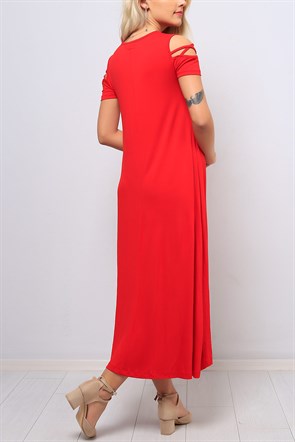 Omuzlar Açık Kırmızı Bayan Elbise 8173B