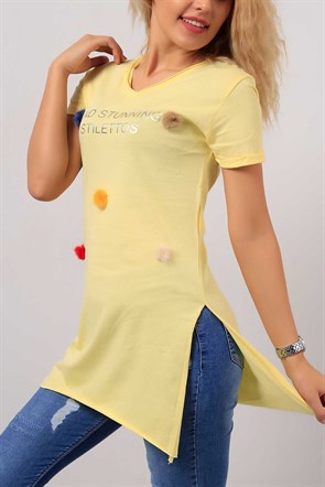 Pon Pon Detay Sarı Bayan Tişört 7934B