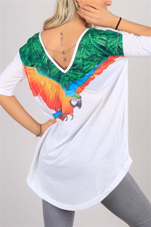 Sırt Detaylı Papağan Desen Bayan Tişört 6680B