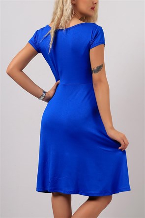 Yaka Halka Detaylı Mavi Bayan Elbise 7879B