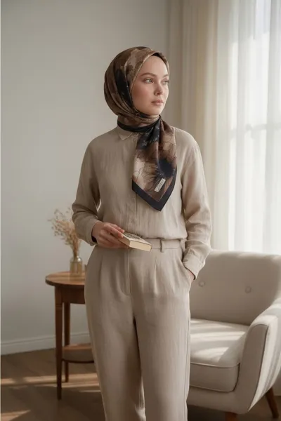 Acı Kahve 90x90 Cm Dijital Baskılı Florenza Desen Soft Eşarp 498661