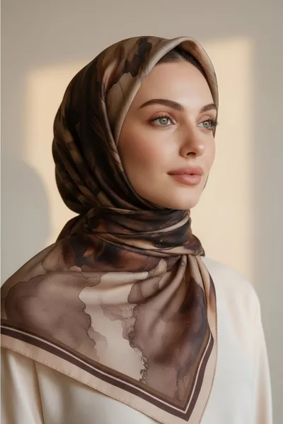 Acı Kahve 90x90 Cm Dijital Baskılı Floria Desen Soft Eşarp 498556