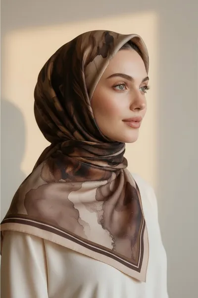 Acı Kahve 90x90 Cm Dijital Baskılı Floria Desen Soft Eşarp 498556