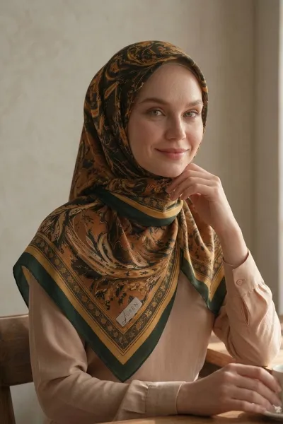 Acı Kahve 90x90 Cm Dijital Baskılı Persiana Desen Soft Eşarp 498446