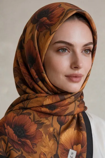 Acı Kahve 90x90 Cm Dijital Baskılı Petal Desen Kutulu Twill Eşarp 501144