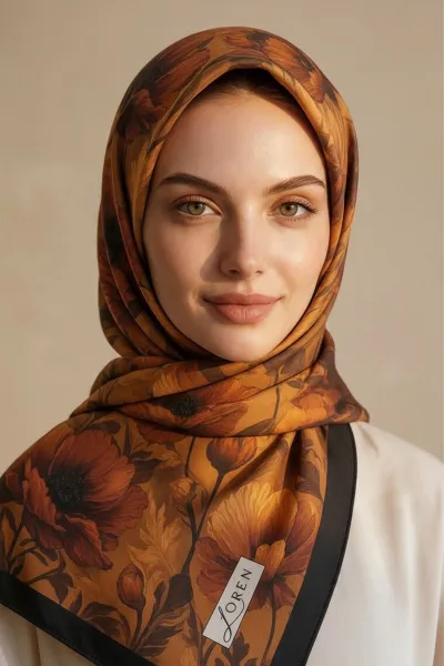 Acı Kahve 90x90 Cm Dijital Baskılı Petal Desen Kutulu Twill Eşarp 501144