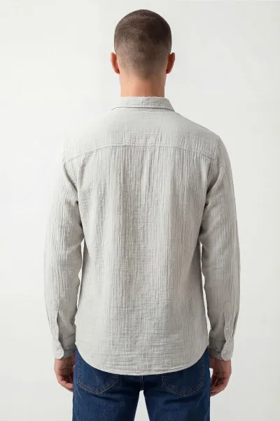 Açık Gri Relaxed Fit Müslin Keten Ata Yaka Erkek Gömlek 435762