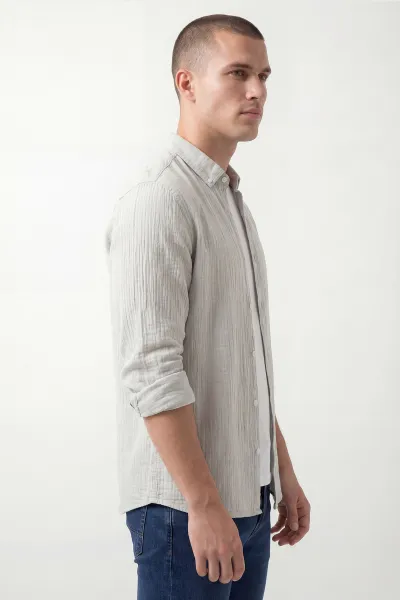 Açık Gri Relaxed Fit Müslin Keten Ata Yaka Erkek Gömlek 435762