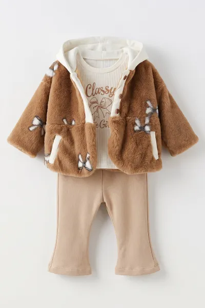 Açık Kahve (1-4 Yaş) Kapüşonlu Peluş Montlu Fitilli Badili Kız Çocuk&Bebek 3'lü Takım 490184