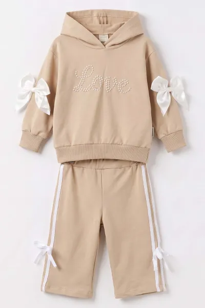Açık Kahve (1-4 Yaş) Love İnci Baskılı Kapüşonlu Sweatli  2 İp Kız Çocuk&Bebek 2'li Takım 495254