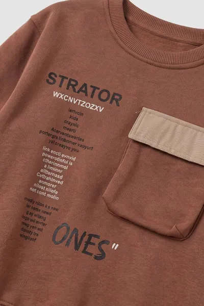 Açık Kahve (2-12 Yaş) Baskılı Cep Detaylı 3 İp Şardonlu Erkek Çocuk Sweatshirt 499654
