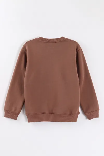 Açık Kahve (2-12 Yaş) Baskılı Cep Detaylı 3 İp Şardonlu Erkek Çocuk Sweatshirt 499654