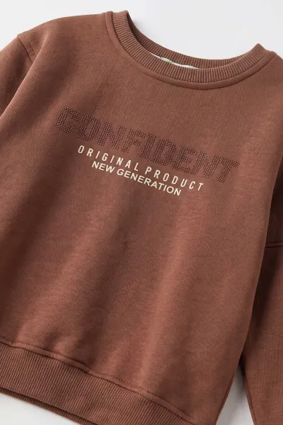 Açık Kahve (2-12 Yaş) Confident Kabartma Baskılı 3 İp Şardonlu Erkek Çocuk Sweatshirt 486877