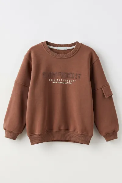 Açık Kahve (2-12 Yaş) Confident Kabartma Baskılı 3 İp Şardonlu Erkek Çocuk Sweatshirt 486877