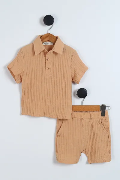 acik-kahve-2-6-yas-yaka-yarim-dugmeli-muslin-erkek-cocuk-yazlik-takim-346987