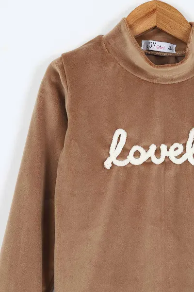 Açık Kahve (5-12 Yaş) Lovely  Nakışlı Yarım Balıkçı Yaka Kadife Kız Çocuk Sweat 410596