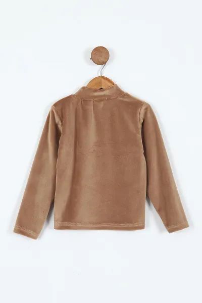 Açık Kahve (5-12 Yaş) Lovely  Nakışlı Yarım Balıkçı Yaka Kadife Kız Çocuk Sweat 410596