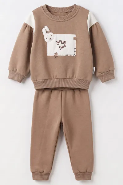 Açık Kahve (6-24 Ay) Tavşan Nakışlı İçi Şardonlu Kız Bebek Takım 493315