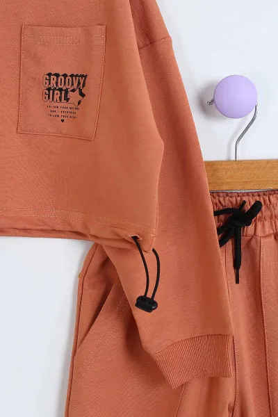 Açık Kahve (8-12 Yaş) Belden Sıkmalı Oversize Model Ön Cepli Kız Çocuk Takım 302941