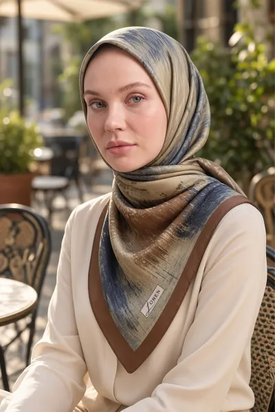 Açık Kahve 90x90 Cm Dijital Baskılı Tela Desen Kutulu Twill Eşarp 501041