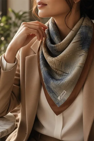 Açık Kahve 90x90 Cm Dijital Baskılı Tela Desen Kutulu Twill Eşarp 501041