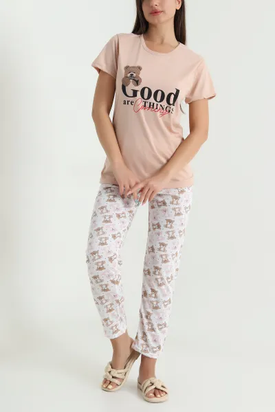 Açık Kahve Desenli Viskon Kadın Pijama Takımı 466613