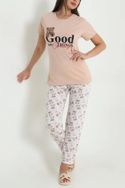 Açık Kahve Desenli Viskon Kadın Pijama Takımı 466613