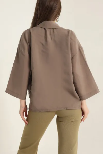 Açık Kahve Kısa Kol Tencel Oversize Bayan Gömlek 337584