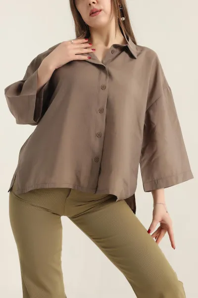 acik-kahve-kisa-kol-tencel-oversize-bayan-gomlek-337584