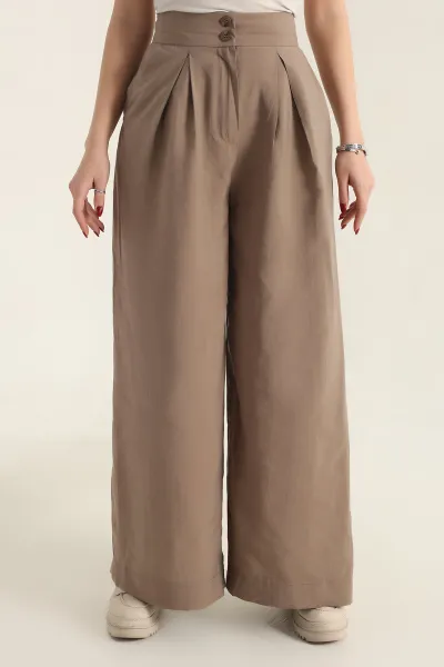 Açık Kahve Pileli Cepli Bayan Tencel Pantolon 337617