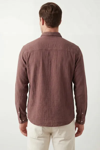 Açık Kahve Relaxed Fit Müslin Keten Ata Yaka Erkek Gömlek 435742
