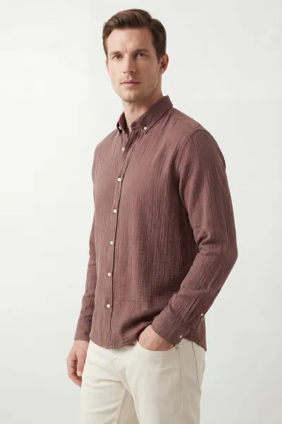 Açık Kahve Relaxed Fit Müslin Keten Ata Yaka Erkek Gömlek 435742