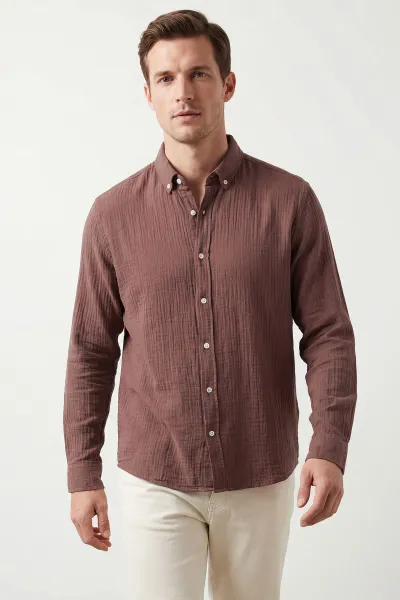Açık Kahve Relaxed Fit Müslin Keten Ata Yaka Erkek Gömlek 435742
