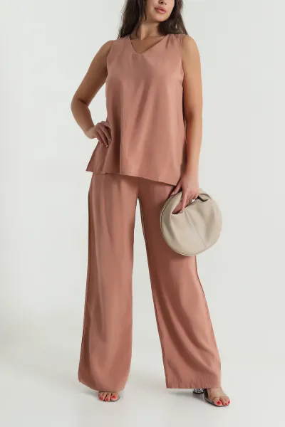 Açık Kahve Tencel V Yaka Kadın İkili Takım 476632