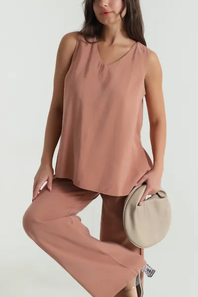 Açık Kahve Tencel V Yaka Kadın İkili Takım 476632