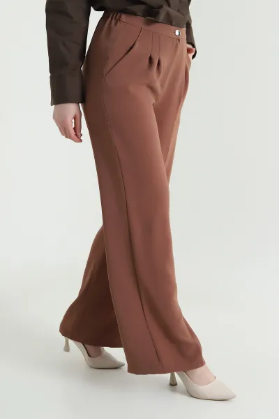 Açık Kahve Tensel Crep Beli Lastikli Kadın Pantolon 440770