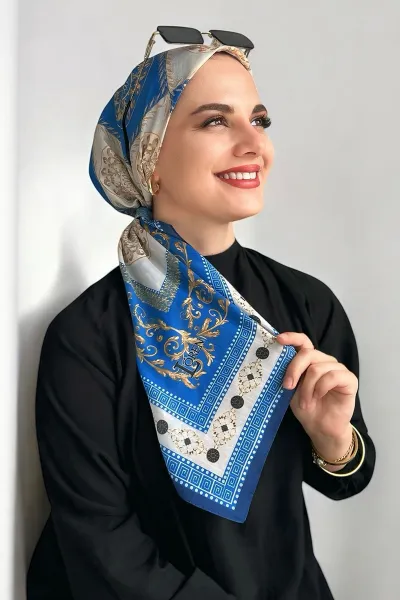 Açık Mavi 90x90 Cm Dijital Baskı Lenora Desenli Pamuk Eşarp 371002